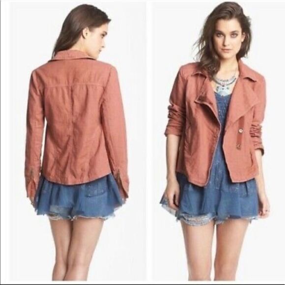 Free People Rosewood Washed Linen Moto Military Jacket in Dusty Pink XS - Picture 1 of 13